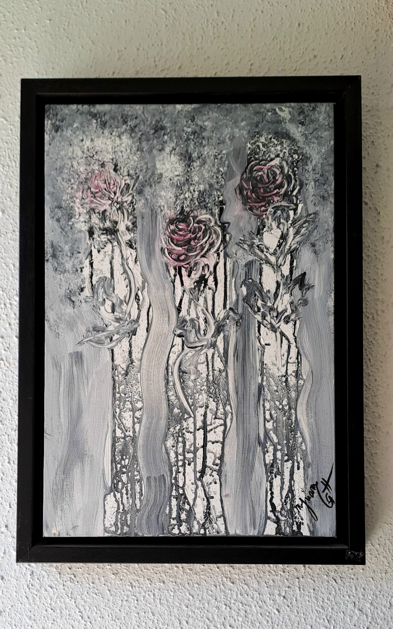 Tableau « Ténacité de roses. 2020 » de Mariem Garaali — encre sur gesso