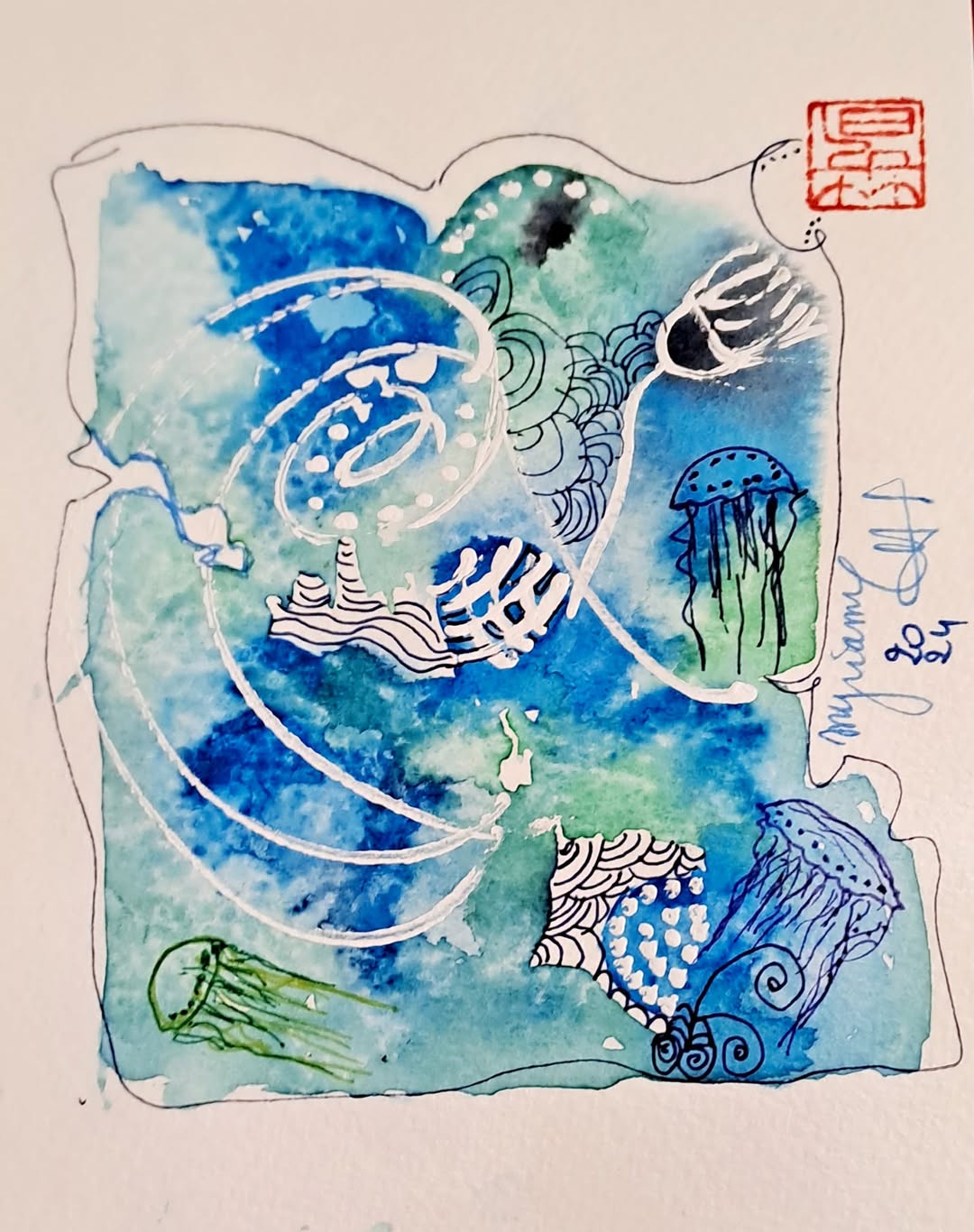 Tableau « Aquarelle et zentangle ( carnet  2024/2026) » de Mariem Garaali — aquarelle